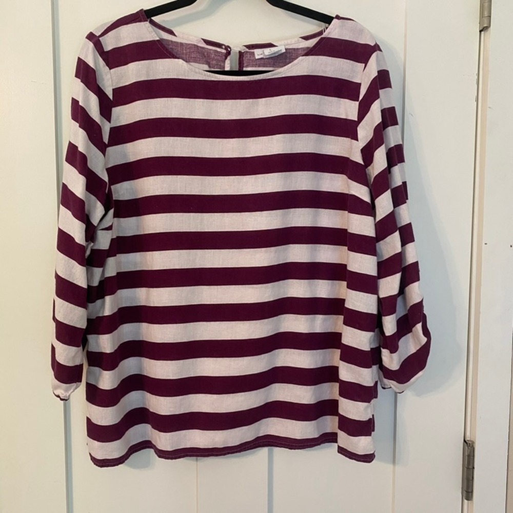 Liz Claiborne Plum Burgundy & White Striped Button Detail Top XL Nautical Preppy